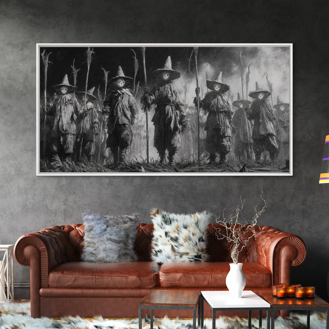 The Scarecrow Uprising, Symbolist Dream Art, Wide Panoramic Art, Dark Fantasy Wall Art, Framed Canvas Print, Halloween Wall Art