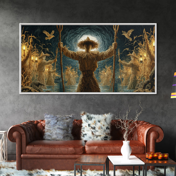 The Scarecrow Uprising, Symbolist Gothic Landscape, Wide Panoramic Art, Macabre Wall Art, Framed Canvas Print, Halloween Wall Art
