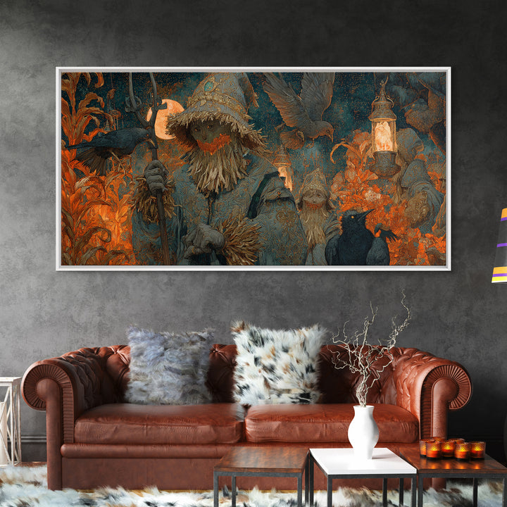 The Scarecrow Uprising, Ornate Symbolist Art, Wide Panoramic Art, Gothic Horror Wall Art, Framed Canvas Print, Halloween Wall Art