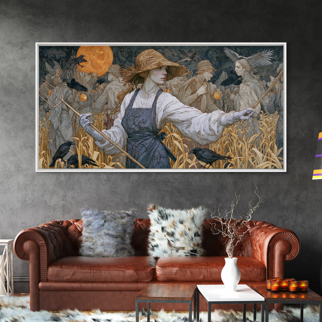 The Scarecrow Uprising, Symbolist Death Art, Wide Panoramic Art, Macabre Wall Art, Framed Canvas Print, Halloween Wall Art
