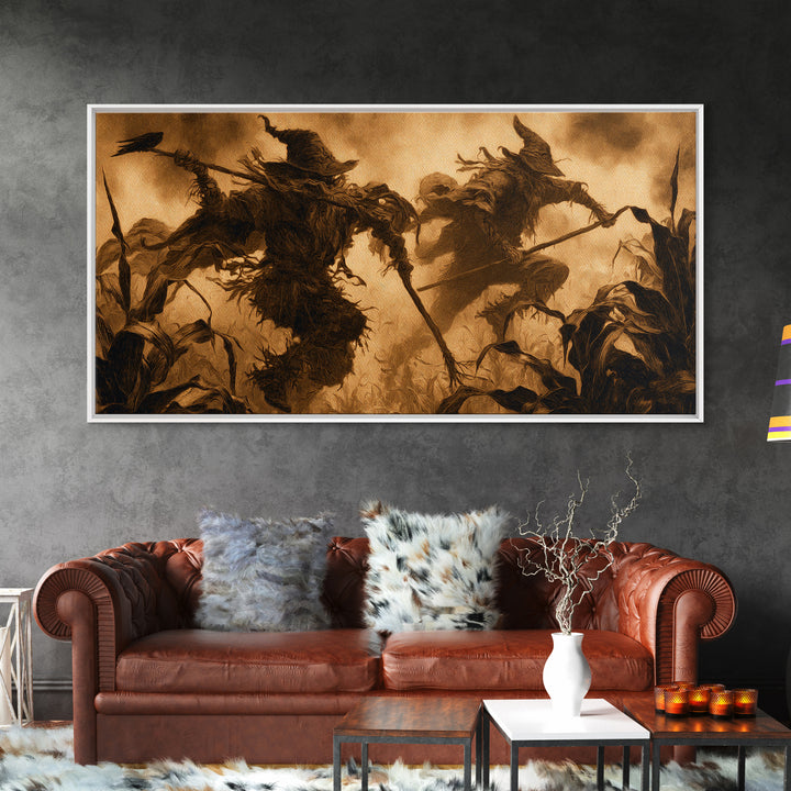 The Scarecrow Uprising, Dark Symbolist Art, Wide Panoramic Art, Macabre Wall Art, Framed Canvas Print, Halloween Wall Art