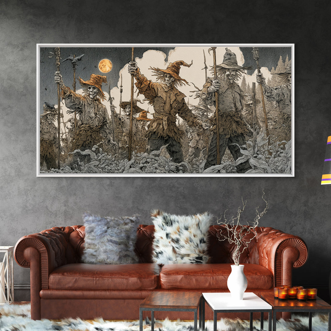 The Scarecrow Uprising, Symbolist Etching Art, Wide Panoramic Art, Macabre Wall Art, Canvas Print, Halloween Wall Art, Statement Wall Art