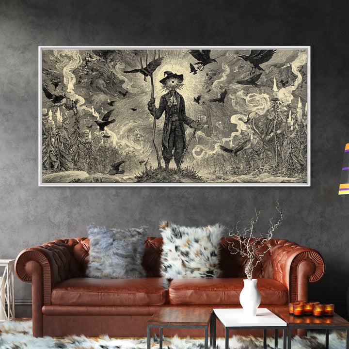 The Scarecrow Uprising, Expressionist Nightmare Art, Wide Panoramic Art, Dark Halloween Decor, Canvas Print, Halloween Wall Art