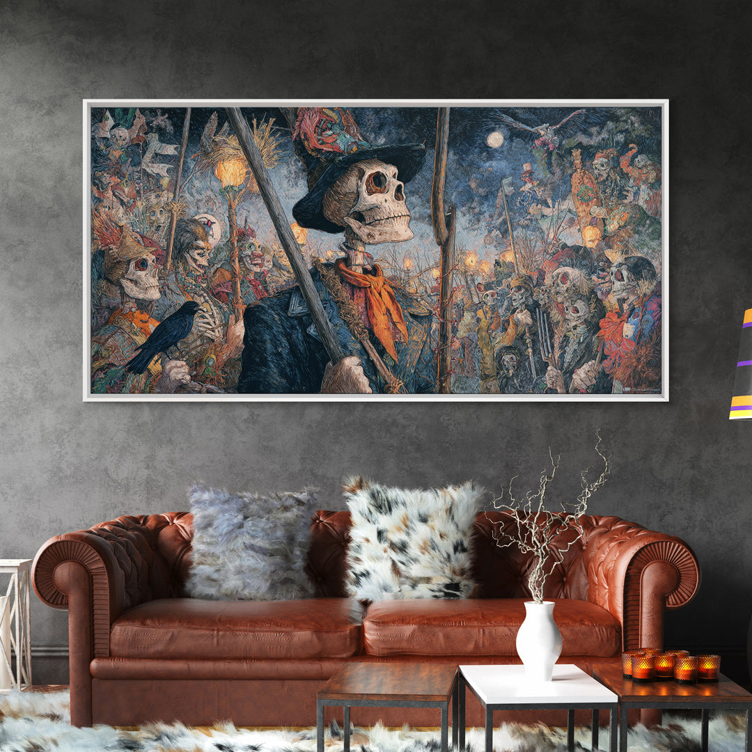 The Scarecrow Uprising, Grotesque Carnival Art, Wide Panoramic Art, Dark Halloween Decor, Framed Canvas Print, Halloween Wall Art