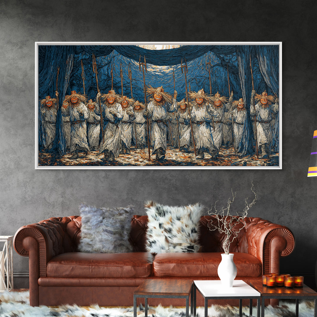 The Scarecrow Uprising, Expressionist Gothic Art, Wide Panoramic Art, Macabre Wall Art, Framed Canvas Print, Halloween Wall Art