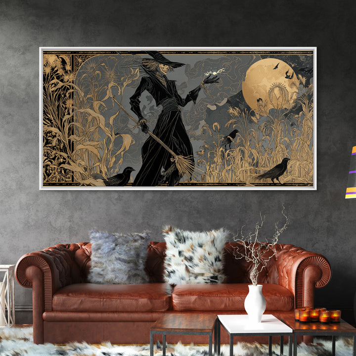 The Scarecrow Uprising, Decadent Line Art, Wide Panoramic Art, Dark Halloween Decor, Framed Canvas Print, Halloween Wall Art