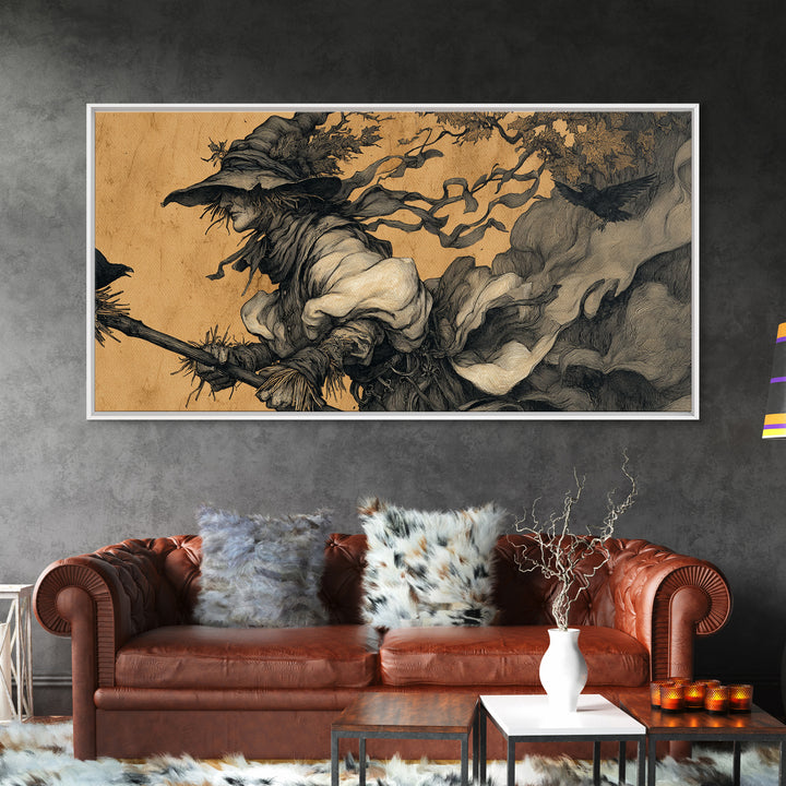 The Scarecrow Uprising, Gothic Storybook Art, Wide Panoramic Art, Dark Halloween Decor, Framed Canvas Print, Halloween Wall Art
