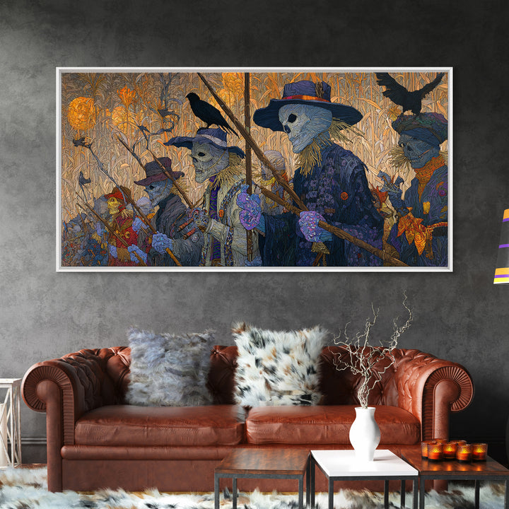 The Scarecrow Uprising, Stained Glass Gothic Art, Wide Panoramic Art, Dark Halloween Decor, Canvas Print, Halloween Wall Art