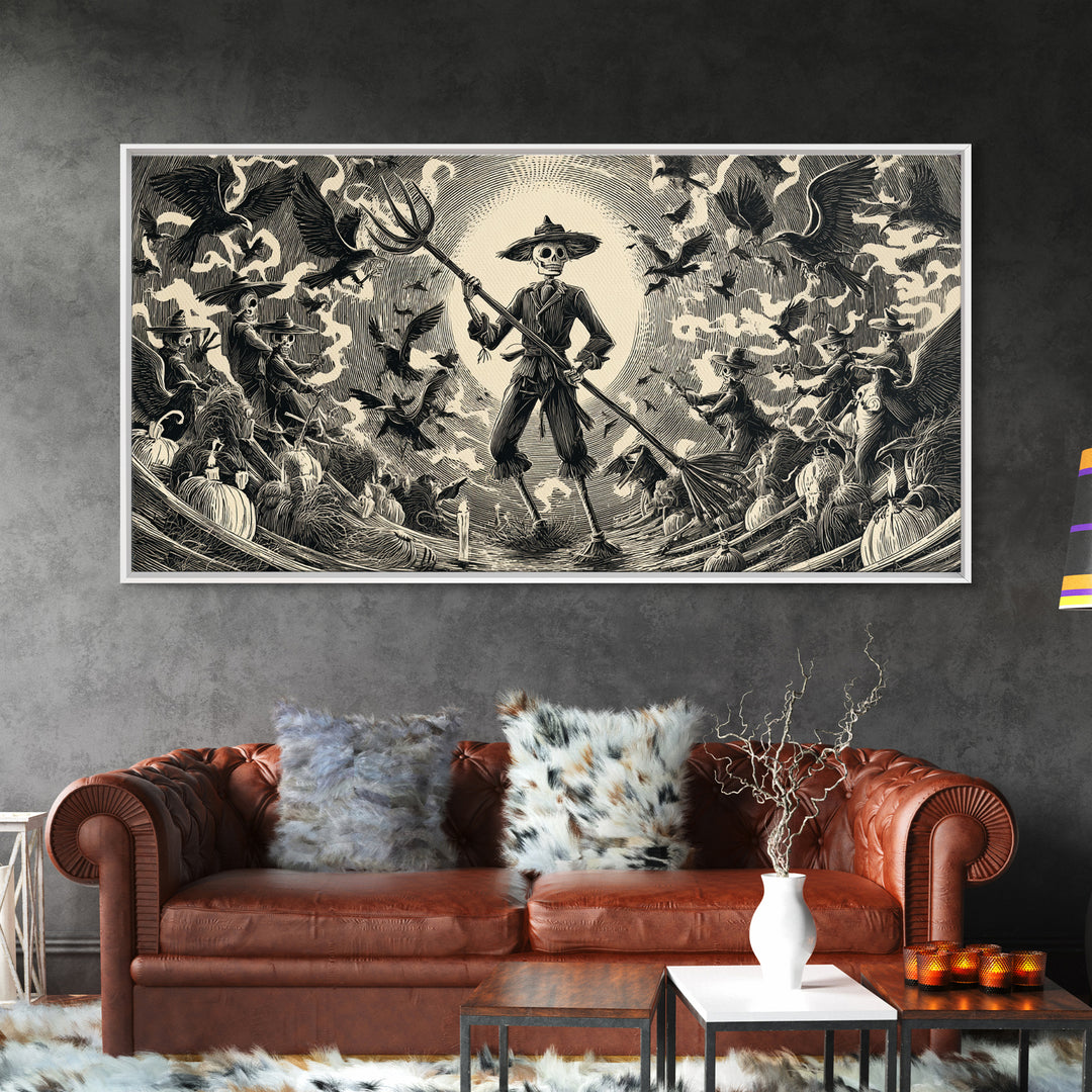 The Scarecrow Uprising, Macabre Folk Print Art, Wide Panoramic Art, Dark Fantasy Wall Art, Canvas Print, Halloween Wall Art