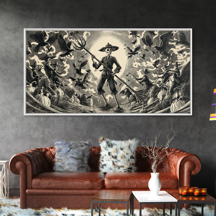 The Scarecrow Uprising, Macabre Folk Print Art, Wide Panoramic Art, Dark Fantasy Wall Art, Canvas Print, Halloween Wall Art