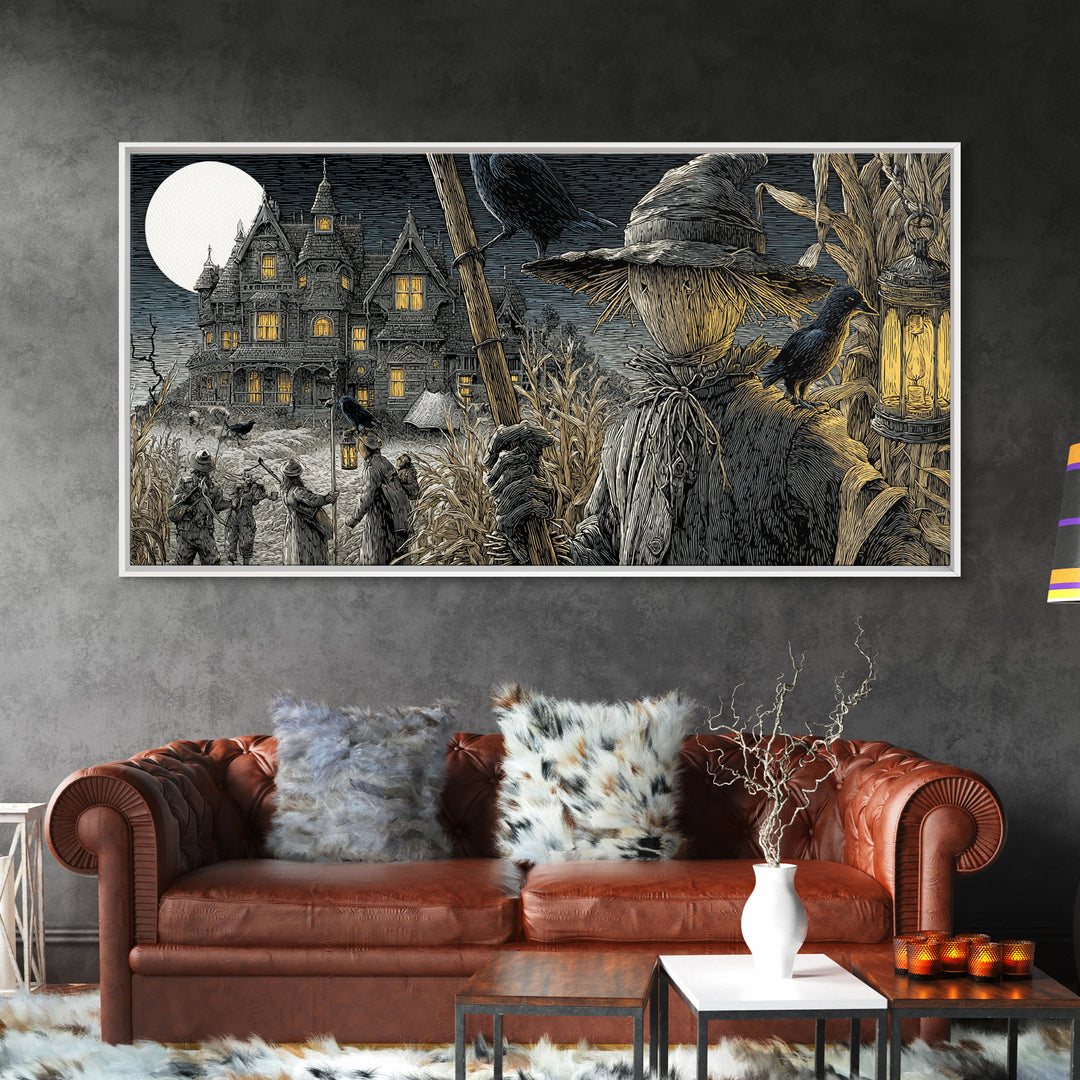 The Scarecrow Uprising, Victorian Macabre Art, Wide Panoramic Art, Macabre Wall Art, Framed Canvas Print, Halloween Wall Art