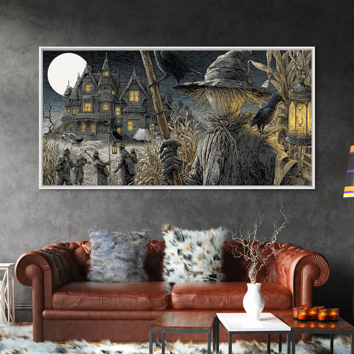 The Scarecrow Uprising, Victorian Macabre Art, Wide Panoramic Art, Macabre Wall Art, Framed Canvas Print, Halloween Wall Art