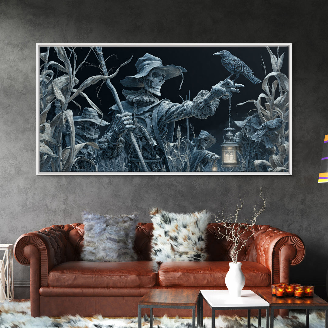 The Scarecrow Uprising, Biomechanical Horror Art, Wide Panoramic Art, Macabre Wall Art, Framed Canvas Print, Halloween Wall Art
