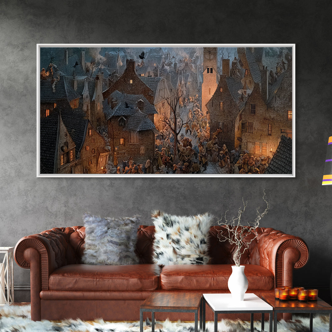 The Thirteenth Bell, Northern Renaissance Horror, Wide Panoramic Art, Dark Halloween Decor, Framed Canvas Print