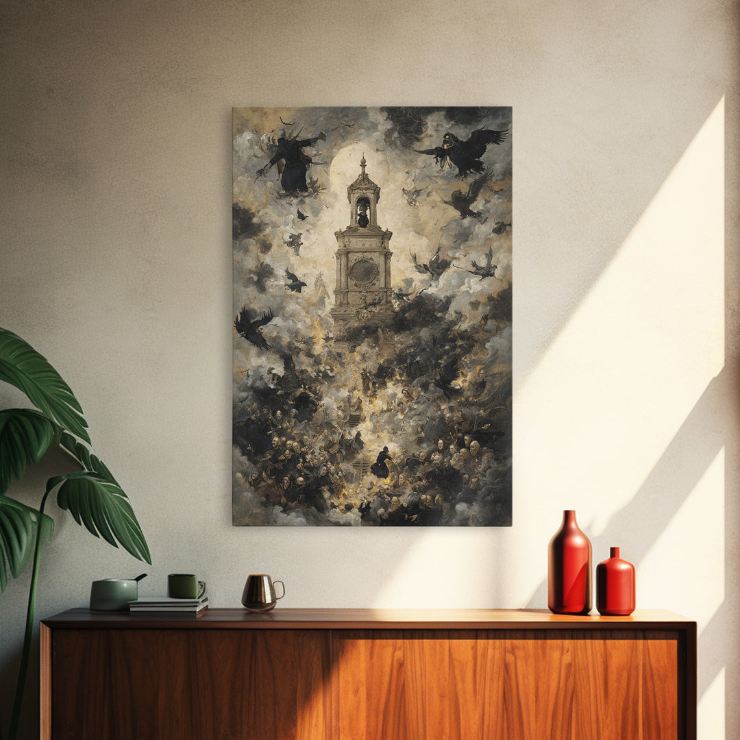 The Thirteenth Bell, Dark Romantic Horror Art, Vertical Wall Art, Dark Halloween Decor, Framed Canvas Print, Halloween Wall Art
