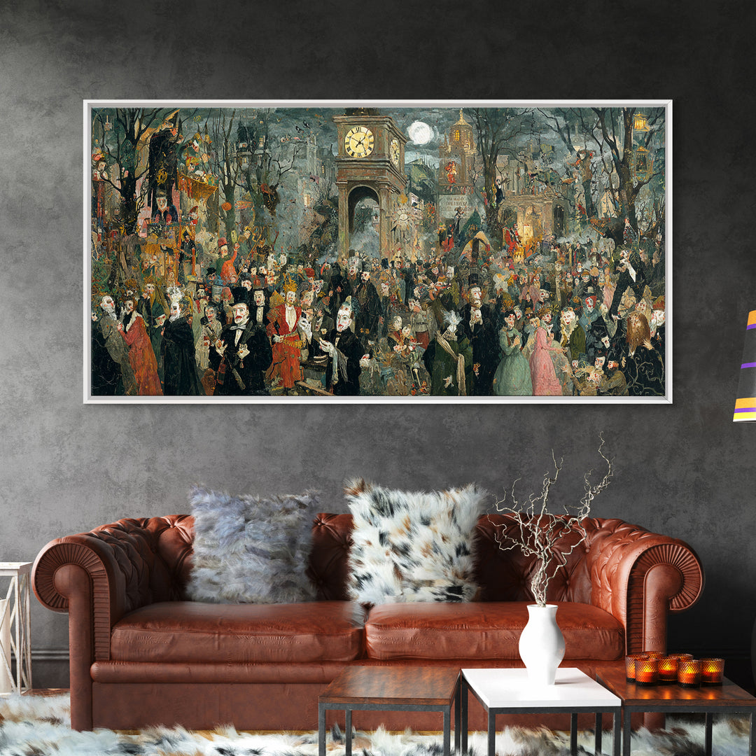 The Thirteenth Bell, Grotesque Carnival Art, Wide Panoramic Art, Dark Fantasy Wall Art, Framed Canvas Print, Halloween Wall Art