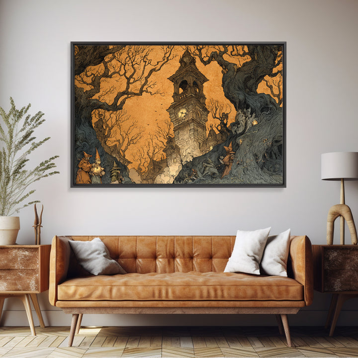 The Thirteenth Bell, Gothic Storybook Art, Landscape Wall Art, Dark Halloween Decor, Framed Canvas Print, Halloween Wall Art