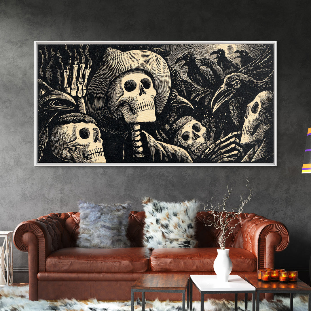 The Thirteenth Bell, Macabre Folk Print Art, Wide Panoramic Art, Macabre Wall Art, Canvas Print, Halloween Wall Art