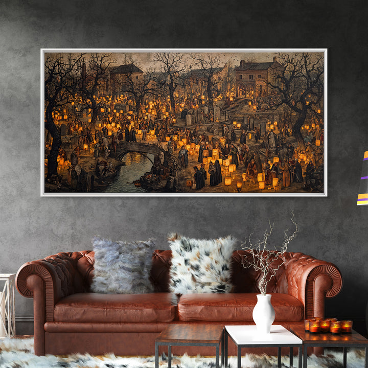 The Cemetery Lantern Festival, Northern Renaissance Horror, Wide Panoramic Art, Dark Halloween Decor, Framed Canvas Print