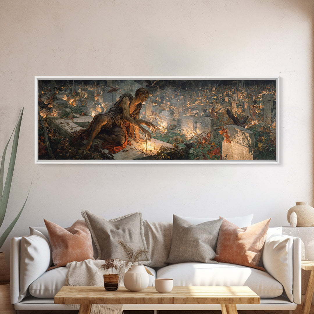 The Cemetery Lantern Festival, Dark Renaissance Art, Extra Wide Wall Art, Gothic Horror Wall Art, Canvas Print