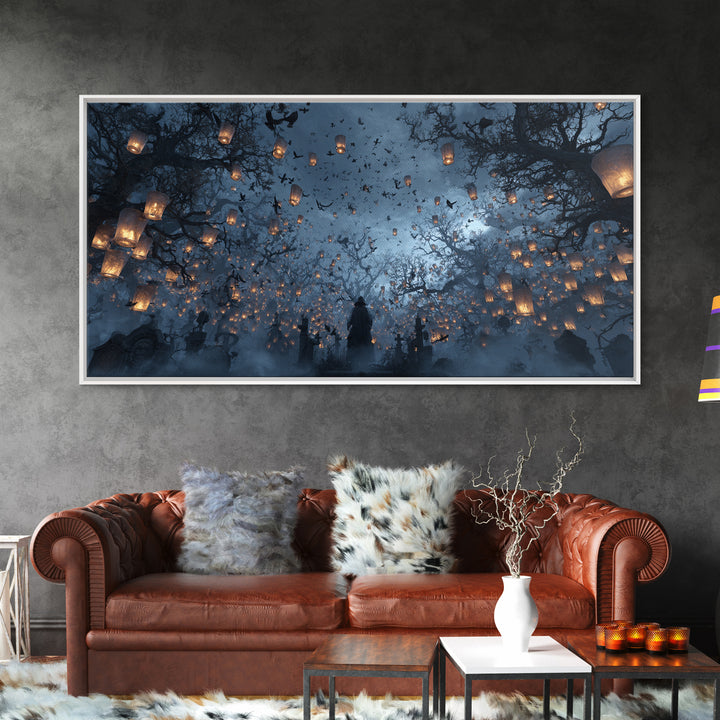 The Cemetery Lantern Festival, Baroque Witchcraft Art, Wide Panoramic Art, Macabre Wall Art, Framed Canvas Print, Halloween Wall Art