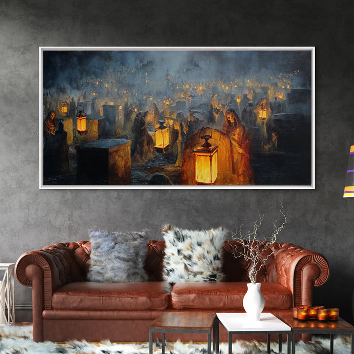 The Cemetery Lantern Festival, Dark Romantic Horror Art, Wide Panoramic Art, Gothic Horror Wall Art, Framed Canvas Print