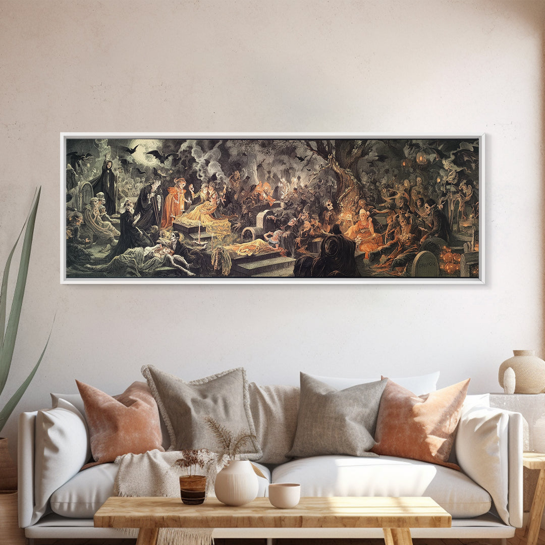 The Cemetery Lantern Festival, Gothic Nightmare Art, Extra Wide Wall Art, Dark Fantasy Wall Art, Canvas Print, Halloween Wall Art