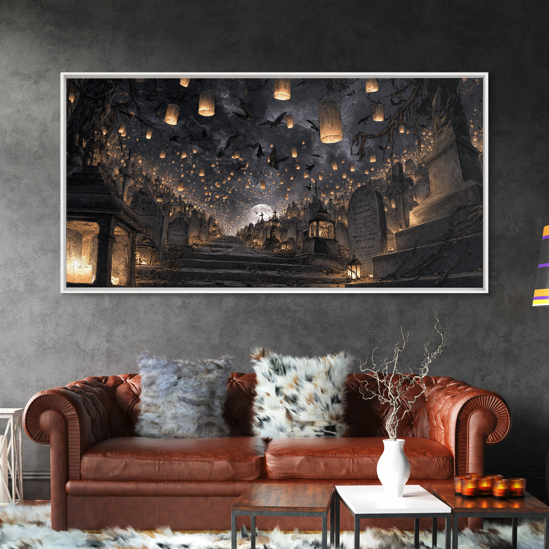 The Cemetery Lantern Festival, Architectural Etching Art, Wide Panoramic Art, Gothic Horror Wall Art, Framed Canvas Print