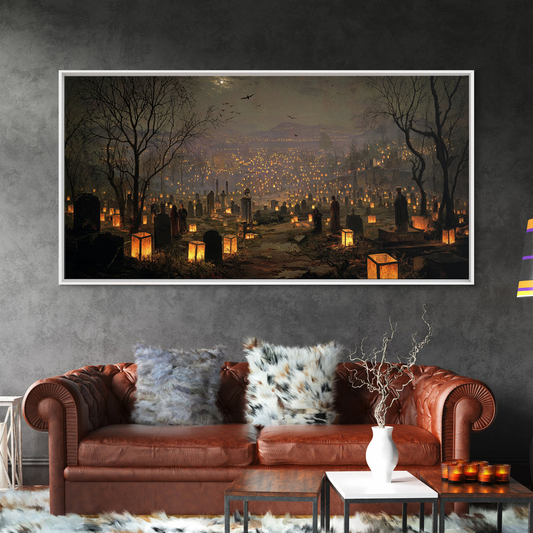 The Cemetery Lantern Festival, Romantic Gothic Landscape, Wide Panoramic Art, Dark Fantasy Wall Art, Framed Canvas Print