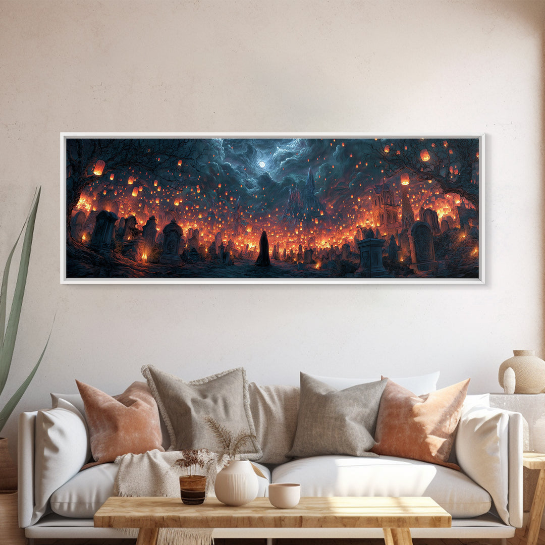 The Cemetery Lantern Festival, Apocalyptic Romantic Art, Extra Wide Wall Art, Dark Fantasy Wall Art, Framed Canvas Print, Halloween Wall Art