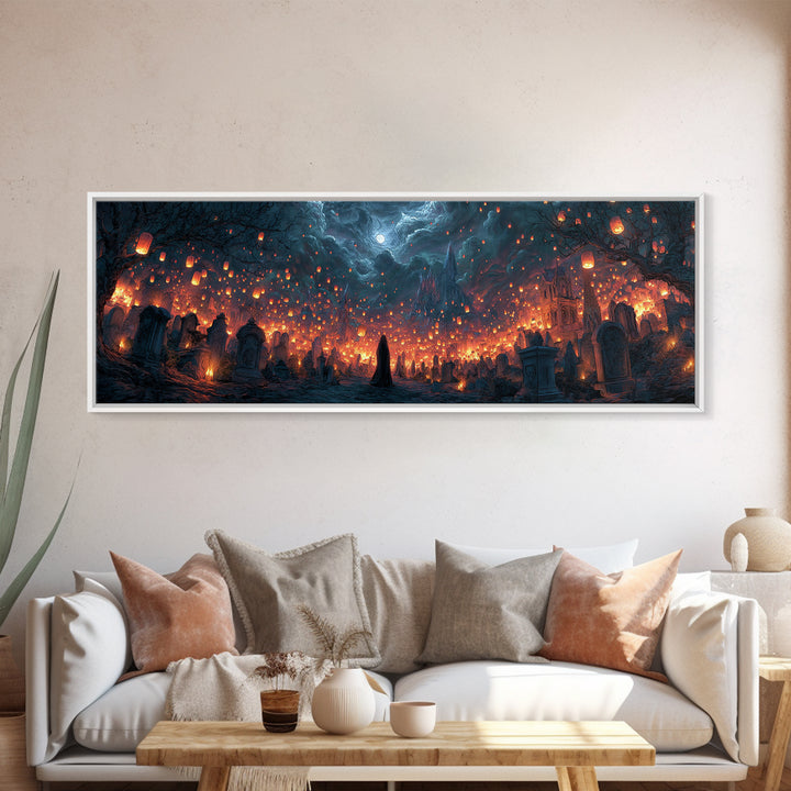 The Cemetery Lantern Festival, Apocalyptic Romantic Art, Extra Wide Wall Art, Dark Fantasy Wall Art, Framed Canvas Print, Halloween Wall Art