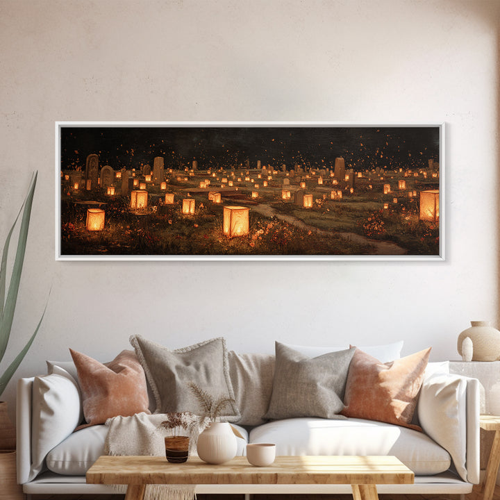 The Cemetery Lantern Festival, Symbolist Dream Art, Extra Wide Wall Art, Dark Fantasy Wall Art, Framed Canvas Print, Halloween Decor