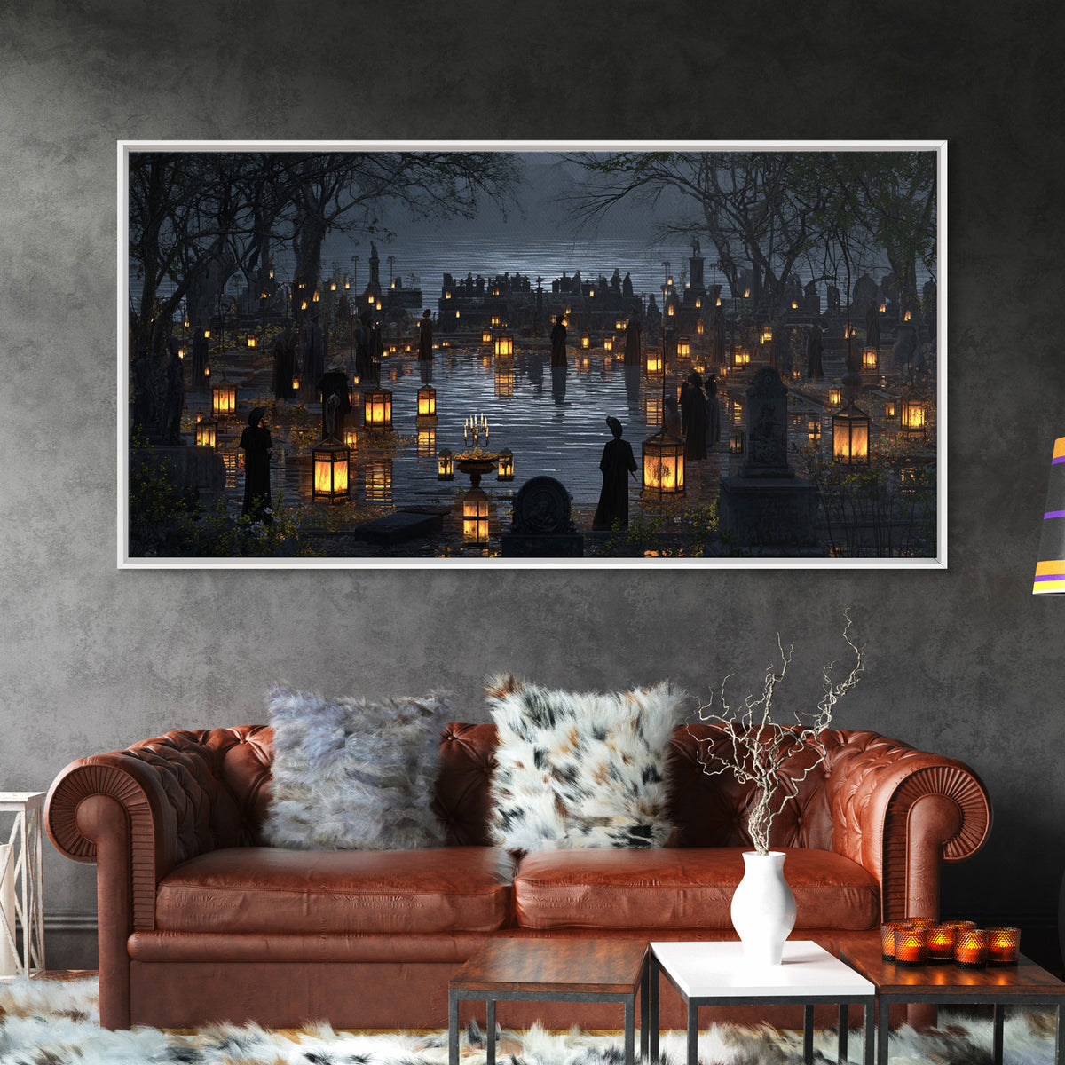 The Cemetery Lantern Festival, Symbolist Gothic Landscape, Wide Panoramic Art, Dark Fantasy Wall Art, Canvas Print, Halloween Wall Art