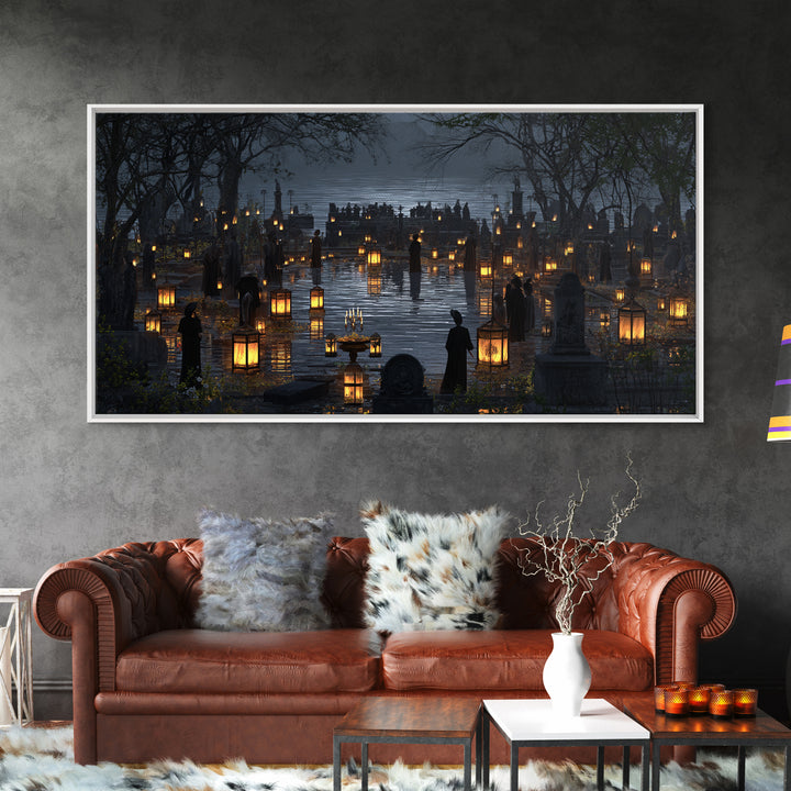 The Cemetery Lantern Festival, Symbolist Gothic Landscape, Wide Panoramic Art, Dark Fantasy Wall Art, Canvas Print, Halloween Wall Art