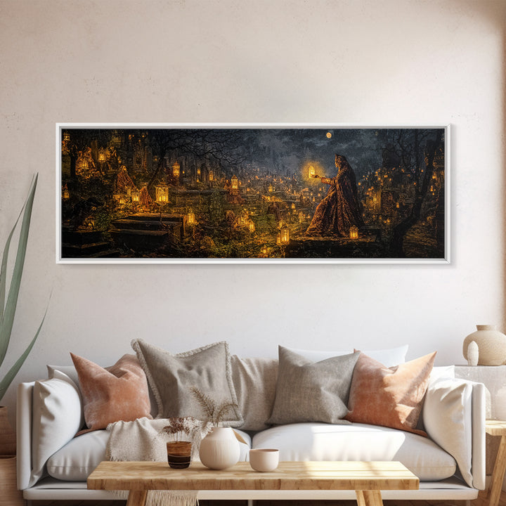 The Cemetery Lantern Festival, Ornate Symbolist Art, Extra Wide Wall Art, Macabre Wall Art, Canvas Print, Halloween Wall Art