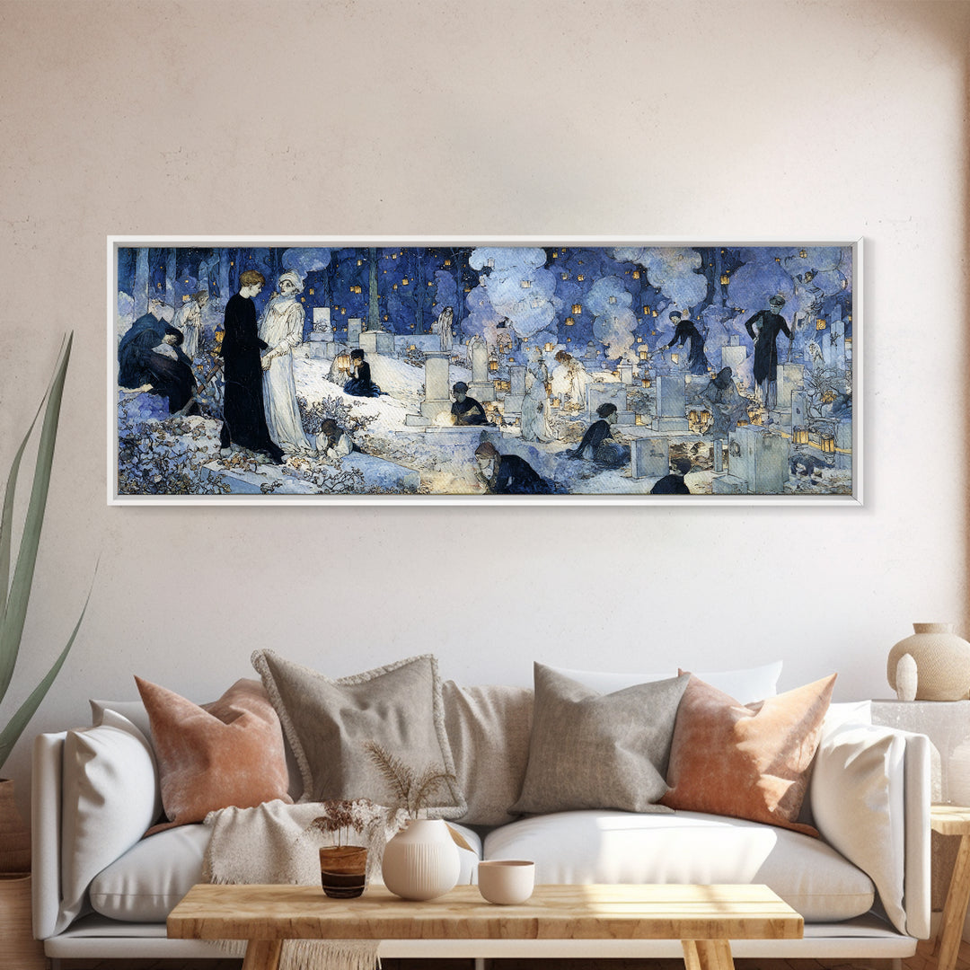 The Cemetery Lantern Festival, Symbolist Death Art, Extra Wide Wall Art, Macabre Wall Art, Framed Canvas Print, Halloween Wall Art