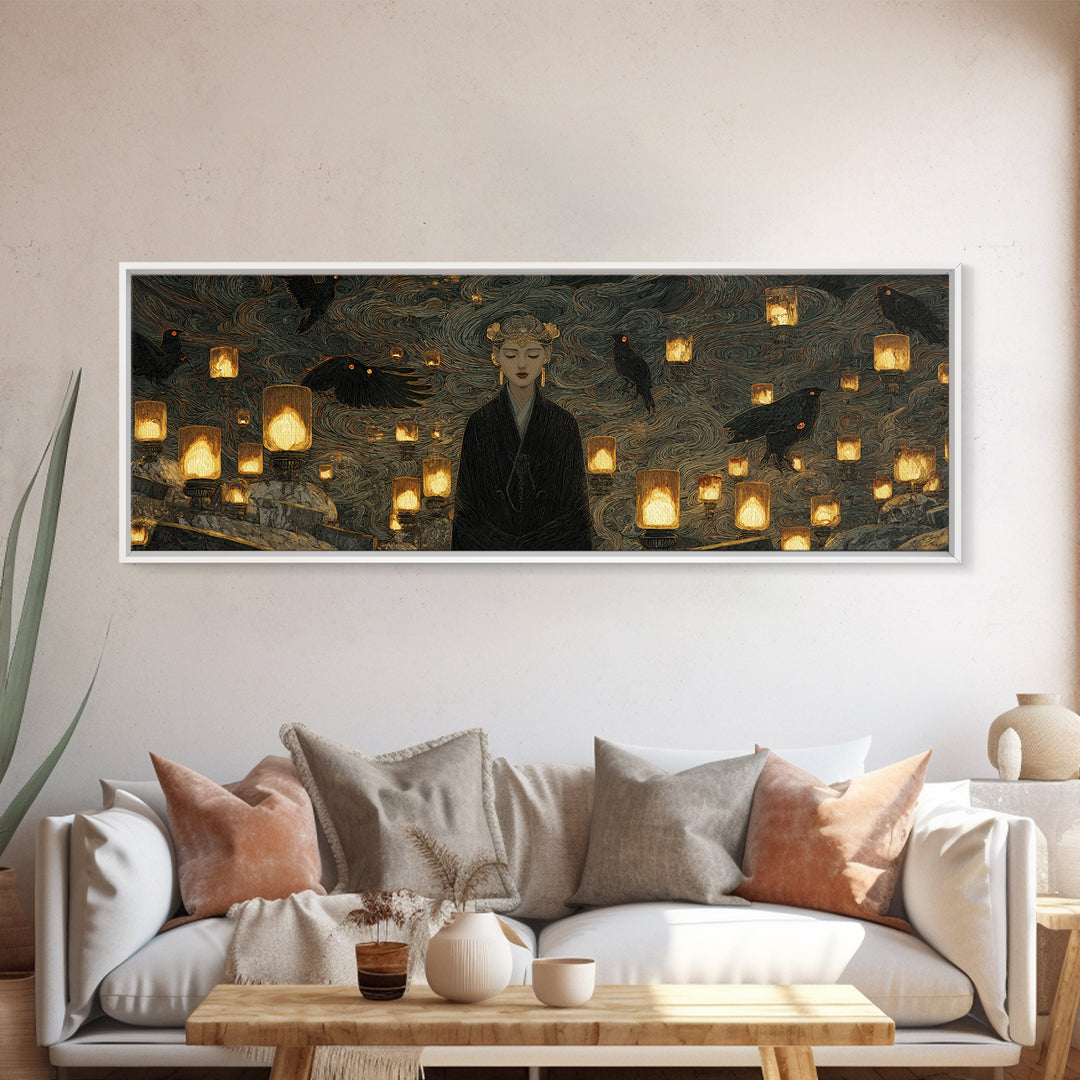 The Cemetery Lantern Festival, Dark Symbolist Art, Extra Wide Wall Art, Macabre Wall Art, Canvas Print, Halloween Wall Art