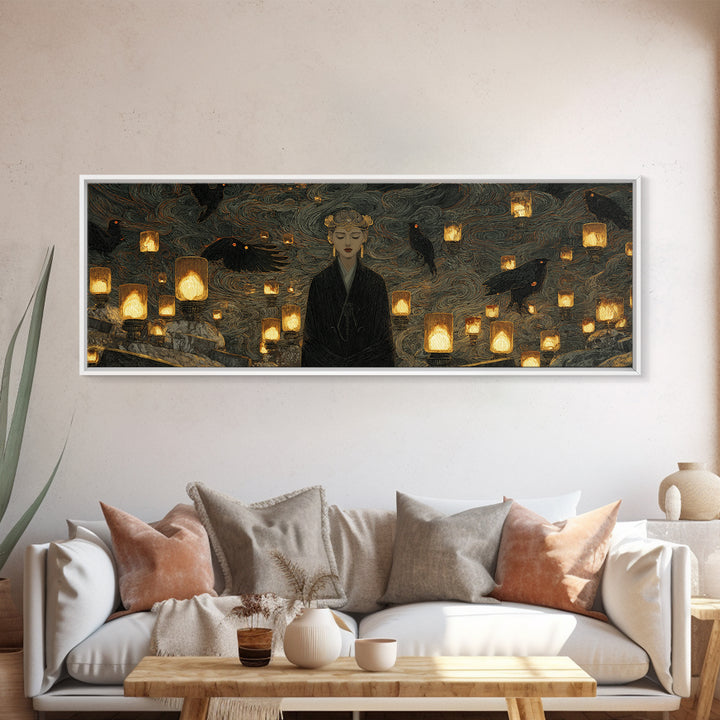 The Cemetery Lantern Festival, Dark Symbolist Art, Extra Wide Wall Art, Macabre Wall Art, Canvas Print, Halloween Wall Art