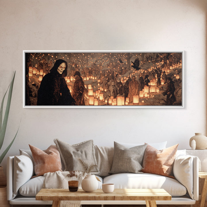 The Cemetery Lantern Festival, Symbolist Etching Art, Extra Wide Wall Art, Macabre Wall Art, Canvas Print, Halloween Wall Art