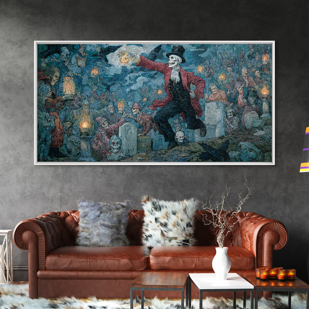 The Cemetery Lantern Festival, Grotesque Carnival Art, Wide Panoramic Art, Gothic Horror Wall Art, Canvas Print, Halloween Wall Art