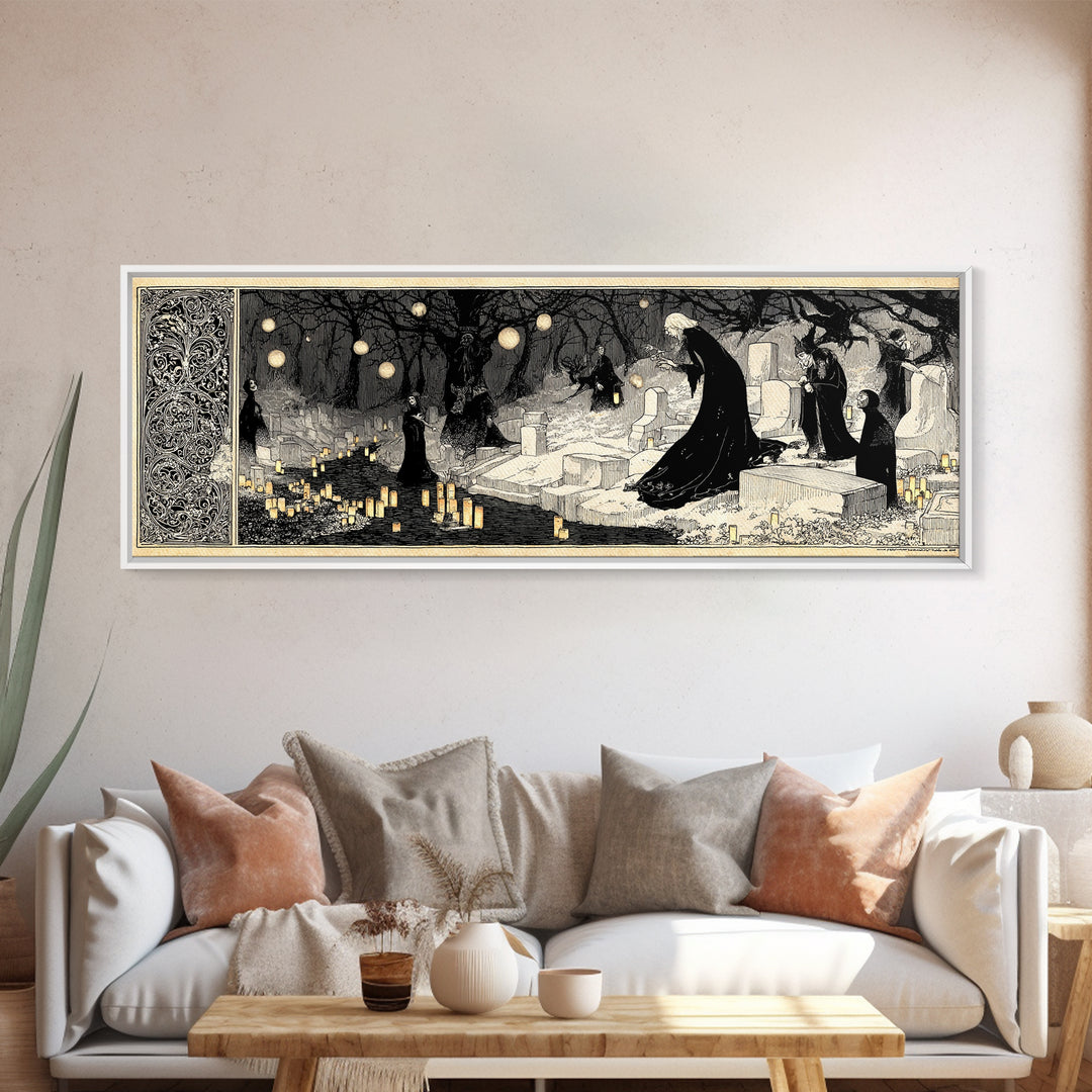 The Cemetery Lantern Festival, Decadent Line Art, Extra Wide Wall Art, Macabre Wall Art, Framed Canvas Print, Halloween Wall Art