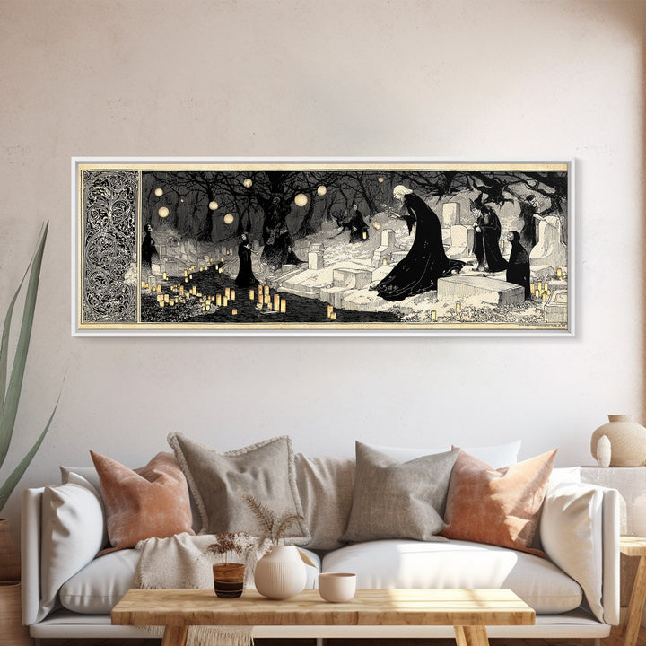 The Cemetery Lantern Festival, Decadent Line Art, Extra Wide Wall Art, Macabre Wall Art, Framed Canvas Print, Halloween Wall Art
