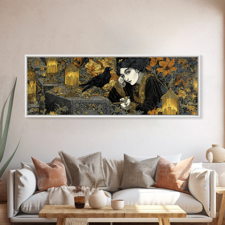 The Cemetery Lantern Festival, Stained Glass Gothic Art, Extra Wide Wall Art, Dark Halloween Decor, Framed Canvas Print, Halloween Wall Art