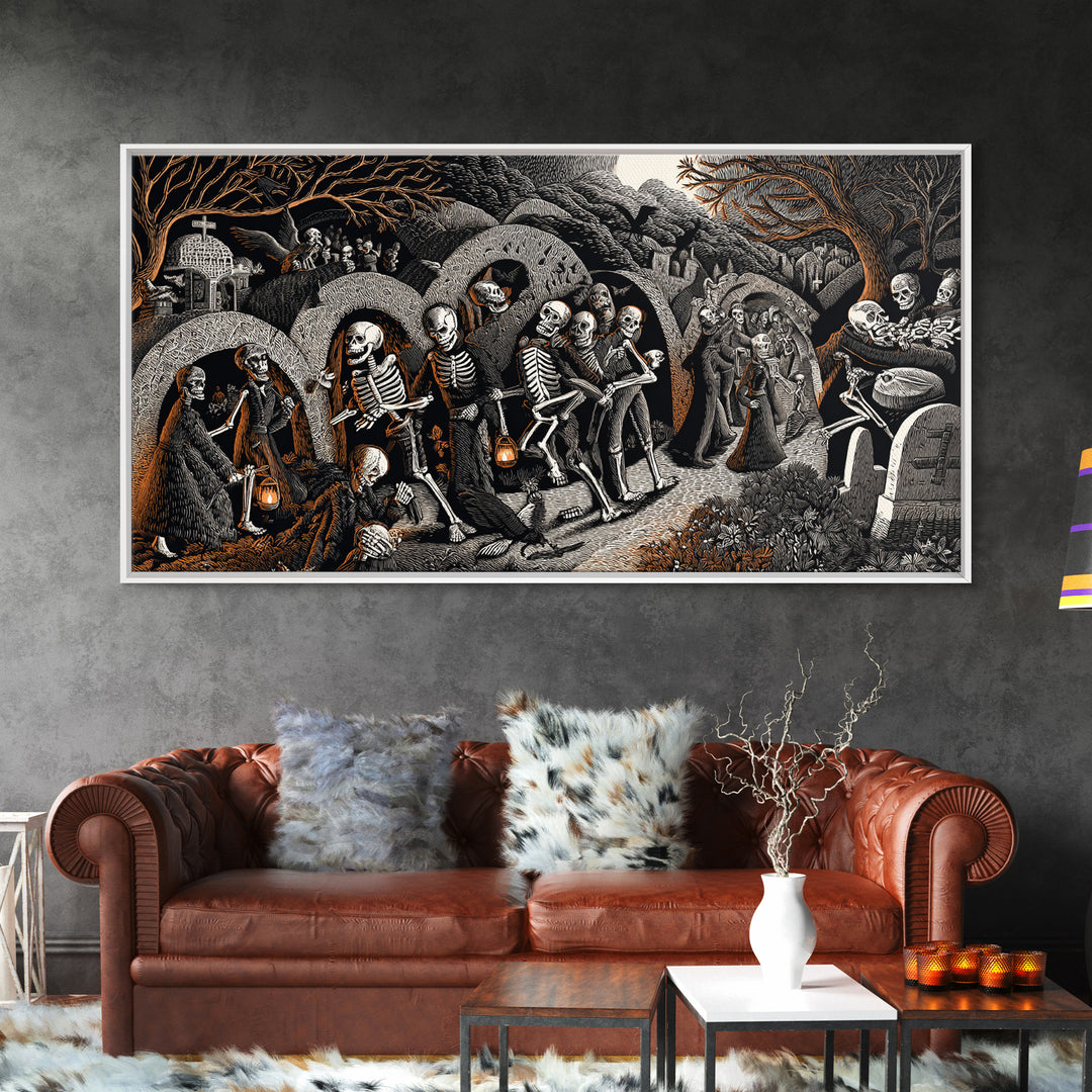 The Cemetery Lantern Festival, Macabre Folk Print Art, Wide Panoramic Art, Dark Halloween Decor, Framed Canvas Print
