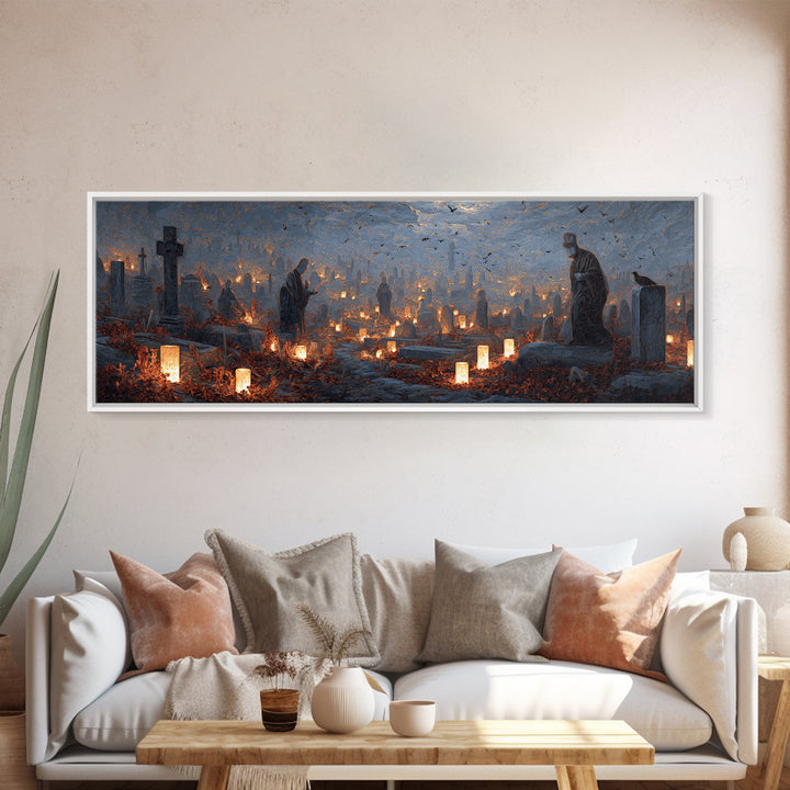 The Cemetery Lantern Festival, Surreal Apocalyptic Art, Extra Wide Wall Art, Gothic Horror Wall Art, Canvas Print, Halloween Decor