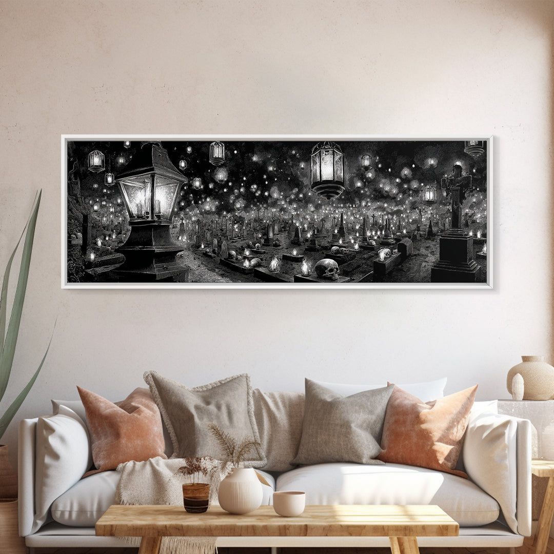 The Cemetery Lantern Festival, Biomechanical Horror Art, Extra Wide Wall Art, Gothic Horror Wall Art, Framed Canvas Print