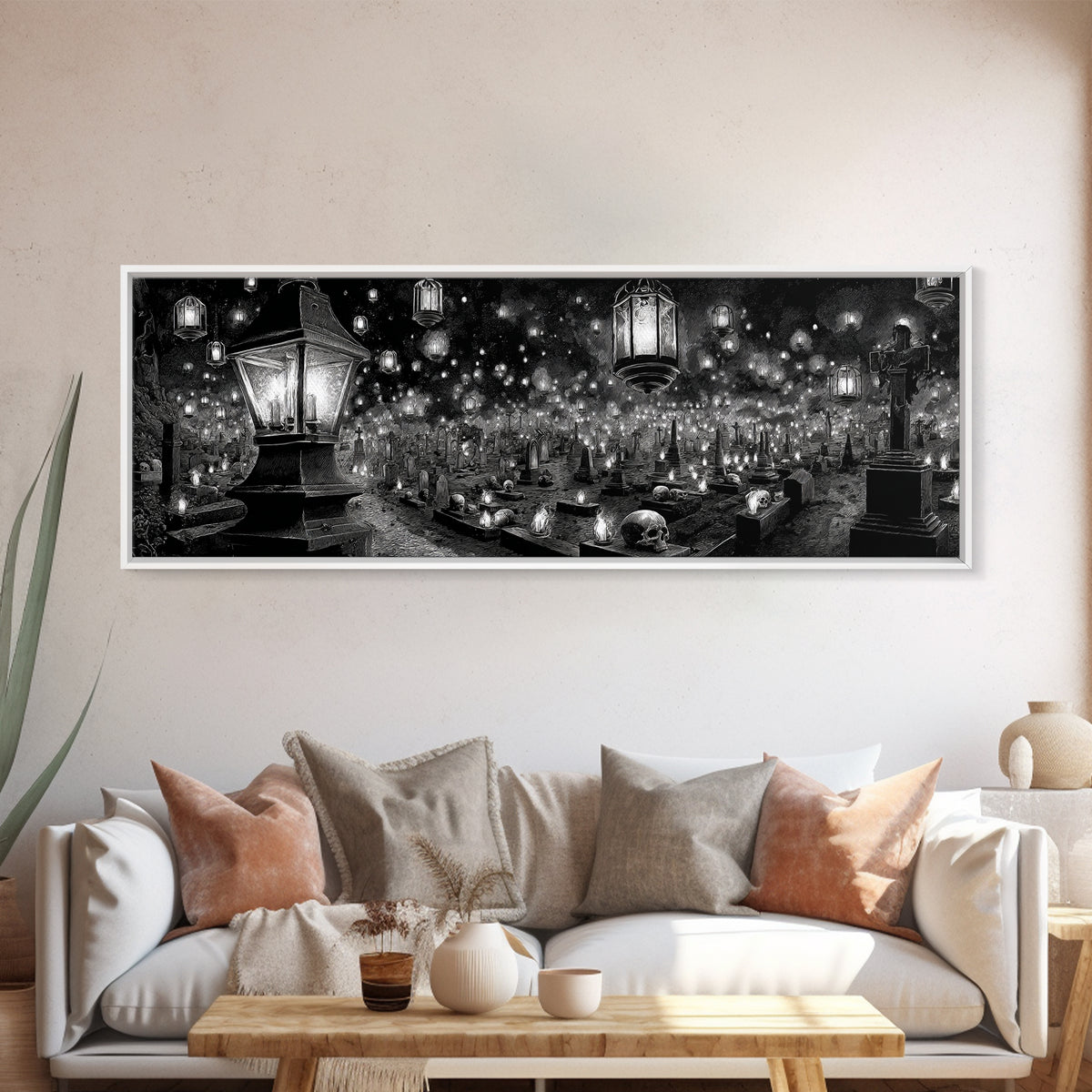 The Cemetery Lantern Festival, Biomechanical Horror Art, Extra Wide Wall Art, Gothic Horror Wall Art, Framed Canvas Print