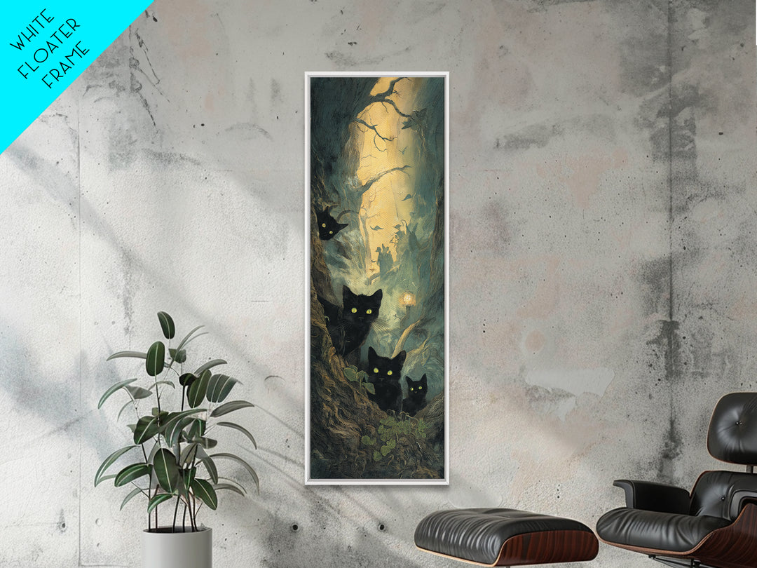 The Black Cat Gathering, Gothic Engraving Art, Tall Narrow Wall Art, Gothic Horror Wall Art, Framed Canvas Print, Halloween Wall Art