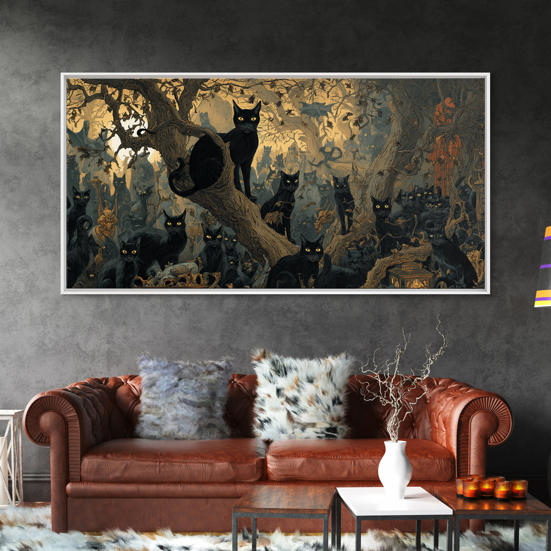 The Black Cat Gathering, Medieval Grotesque Art, Wide Panoramic Art, Dark Fantasy Wall Art, Canvas Print, Halloween Wall Art