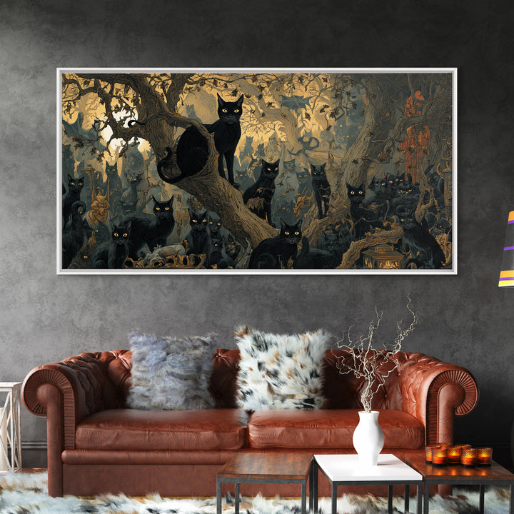 The Black Cat Gathering, Medieval Grotesque Art, Wide Panoramic Art, Dark Fantasy Wall Art, Canvas Print, Halloween Wall Art